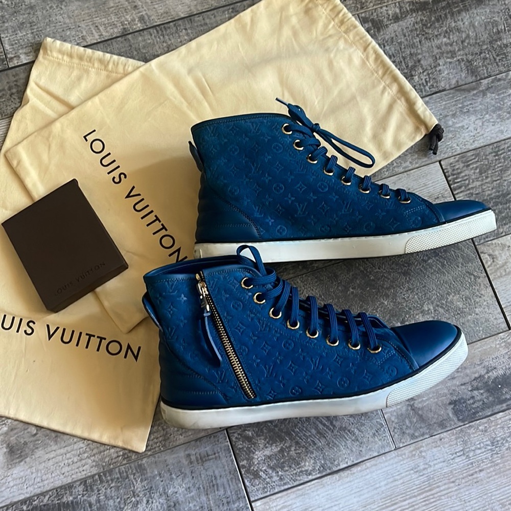 Louis Vuitton blue suede embossed high top sneakers size 40